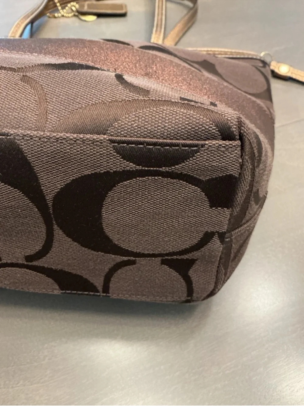 Coach Y2K Signature Stripe Tote Bag Dark Brown Metallic Bronze Trim F13548 EUC - Picture 6 of 10
